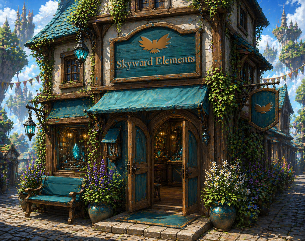 cozy jewelry shop, Skyward Elements, in a fantasy setting in the sky
